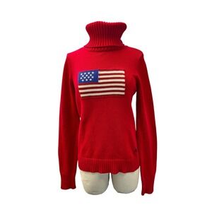 Lauren Ralph Lauren Flag Sweater Womens Small Red Excellent Turtleneck Cotton